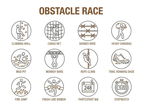 Collection of circular line art icons illustrating diverse extreme obstacle course challenges and racer equipment for fitness marketing
