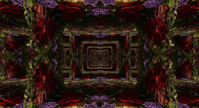 Infinite fractal tunnel of roses and lavender flowers creating a surreal psychedelic visual experience