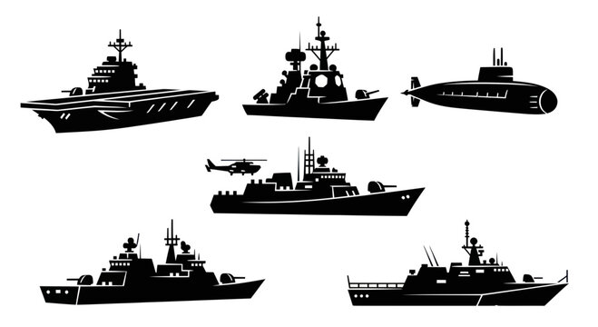 Naval Fleet Silhouette Icons: Aircraft Carrier, Destroyer, Submarine, Frigate, Patrol Boat