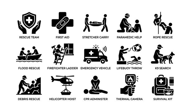 Rescue operation icons showing emergency response activities and tools