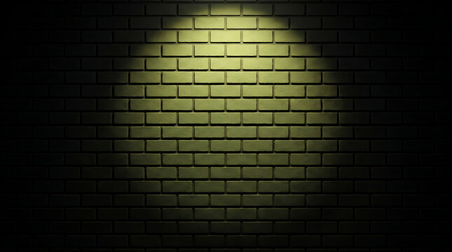 Close up of a brick wall illuminated by a single spotlight in a dark room with yellow glow