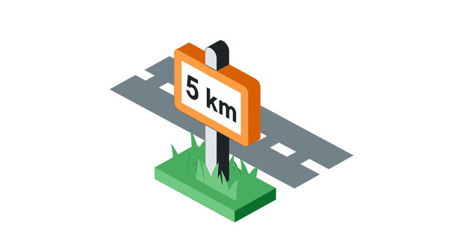 Isometric 3D Vector Illustration of a 5 km Road Distance Sign Next to a Highway Path