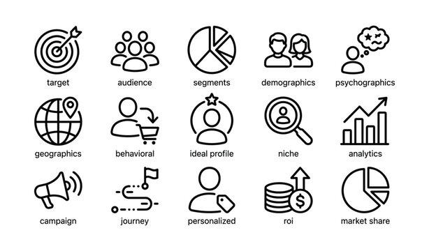 Marketing icons illustrating audience targeting and analytics grid