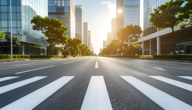 Empty urban boulevard crosswalk at sunrise between modern glass skyscrapers.