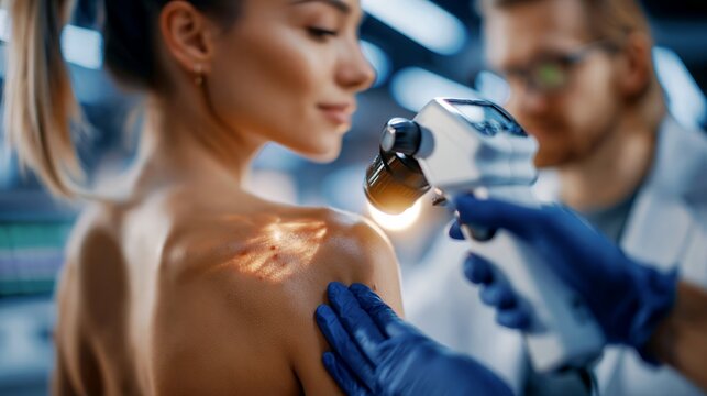 Dermatologist examining a shoulder mole with a dermatoscope in a bright clinic