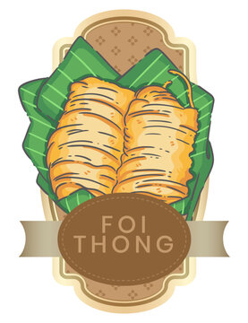 Thai Traditional Dessert Foi Thong Golden Egg Yolk Threads on Banana Leaf Label Illustration