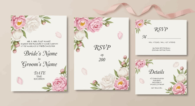 Wedding Invitation Suite with Pink and White Peonies, RSVP and Details Cards