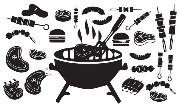 Black and white illustration of a grill with various meat and utensil elements.
