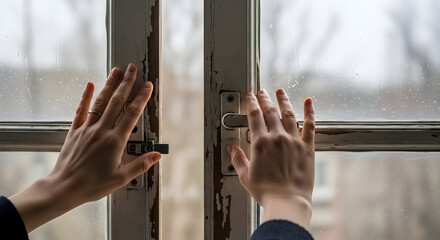 Obraz premium Hands touch a vintage window, hinting at stories of days gone by. The peeling paint suggests aging, while the windowpane reflects the outside world, inviting reflection.