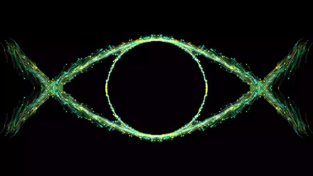 Sparkling light magic particle circle animation with shimmering particles, glare flare effect and golden glitter confetti ring frame for festive background in seamless 4K loop