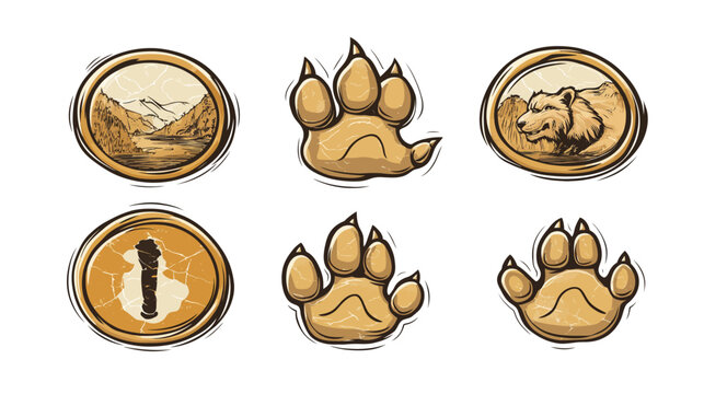 Set of graphic illustrations, featuring animal tracks, landscapes, and a bear, arranged in circles