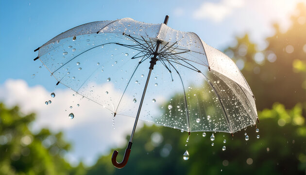 Transparent umbrella with raindrops against sunny garden bokeh.