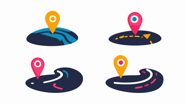 Four stylized maps with location pins. Each map has unique features, with colored pathways
