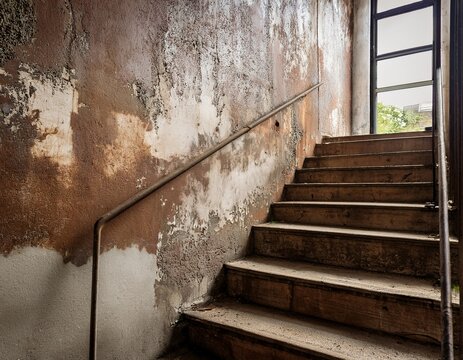weathered wall with accumulated scuff marks and touch of wear in an industrial space with stairs