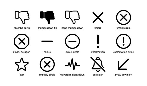 Interface warning and negative icons arranged on white background