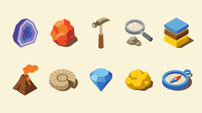 Isometric Icon Set for Geology Mining and Earth Science Concepts Illustration