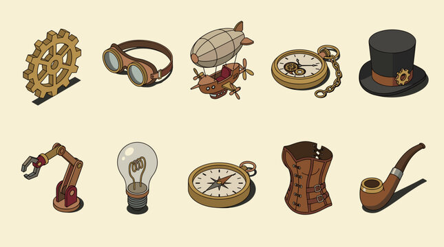 Steampunk Inspired Icons: Collection of Vintage Mechanical and Retro-Futuristic Elements