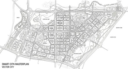 Obraz premium Detailed architectural masterplan blueprint for Vector City, illustrating a smart city urban development layout with roads and blocks.