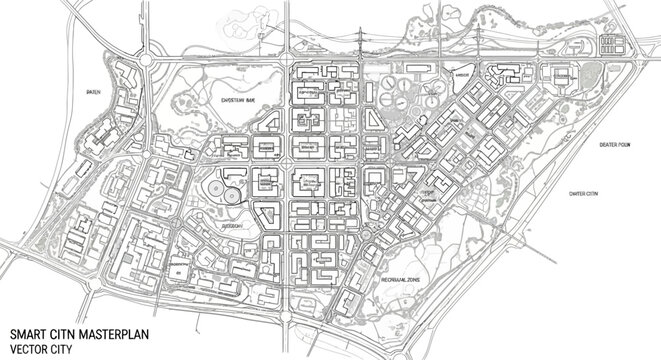 Detailed architectural masterplan blueprint for Vector City, illustrating a smart city urban development layout with roads and blocks.