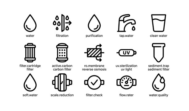 Water filtration icons displayed in grid on white background