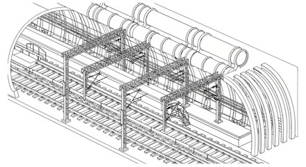 Fototapeta premium Isometric engineering drawing of a multi-track railway tunnel with overhead structures and large pipes.