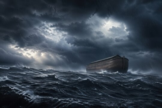 noahs ark battling violent floodwaters beneath dark thunderclouds and rain, a dramatic biblical seascape of judgment, survival and faith with powerful waves and cinematic storm light