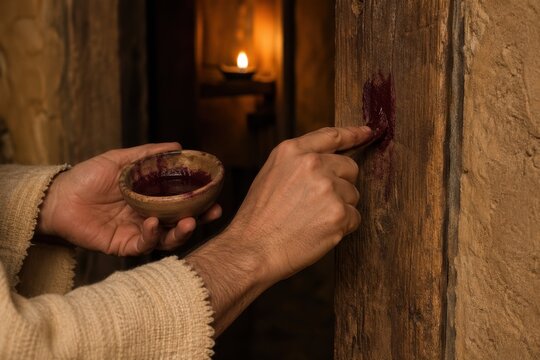 hands marking a wooden doorpost with sacrificial blood by lamplight, a solemn biblical passover night scene rich with symbolism, protection, obedience and sacred remembrance