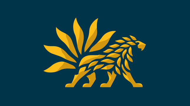 A regal feline composed of golden shapes, with a fan-like tail, on a deep blue background
