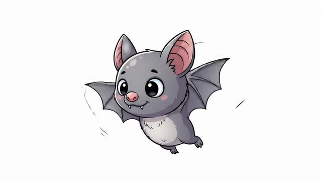 Cute cartoon bat with big eyes, small fangs, pink ears, flying against a white background