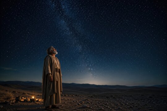 abraham standing in a silent desert beneath a sky full of stars, contemplating god's promise of countless descendants in a biblical night scene filled with faith, wonder and destiny