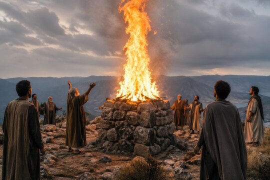 fire descending upon the altar on mount carmel as witnesses stand in awe, a dramatic biblical scene of divine power, prophetic vindication and overwhelming sacred revelation