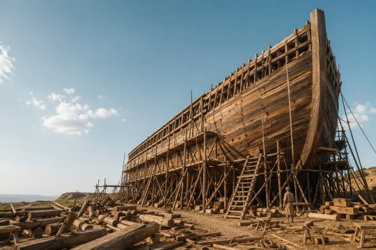 noah building the ark as a monumental wooden vessel rises on scaffolding under a clear sky, tools and timber scattered around a biblical construction scene of faith, labor and obedience