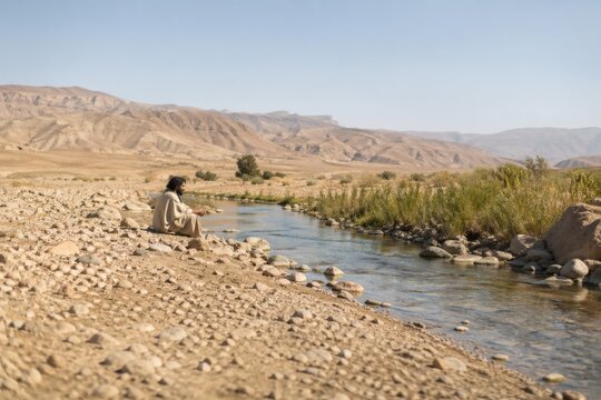 elijah sitting alone beside the brook cherith in a dry wilderness, a contemplative biblical scene of prophetic solitude, waiting and dependence under stark light and quiet desolation