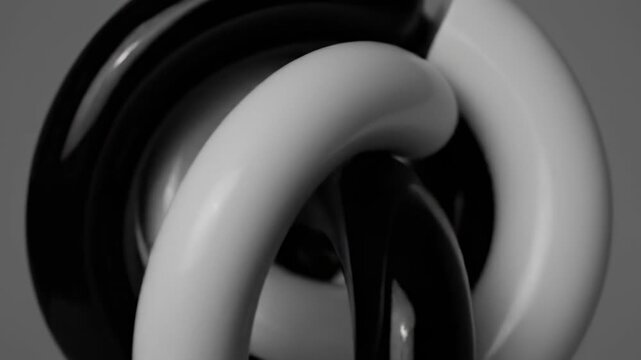 Black and white 3D rendered abstract, intertwining shapes