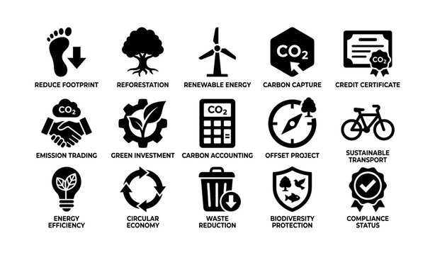 Environmental icons showing carbon reduction and sustainability on white