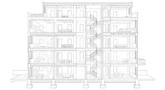 Detailed architectural cross-section drawing of a multi-story residential building with interior layouts and a central staircase.