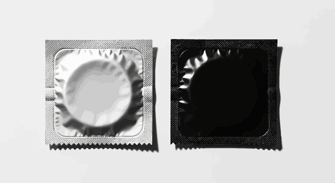 Two Condom Packets, One Silver, One Black, Isolated on White Background