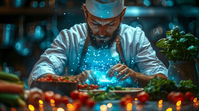 A chef teaches a holographic cooking class in a modern kitchen. The chefs hands are glowing with light as he prepares food.