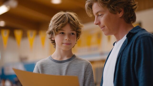 School science fair volunteer judge reviews project display board with nervous twelve-year-old presenter, clipboard scoring rubric, gymnasium, banner overhead, STEM education supporter, community vo