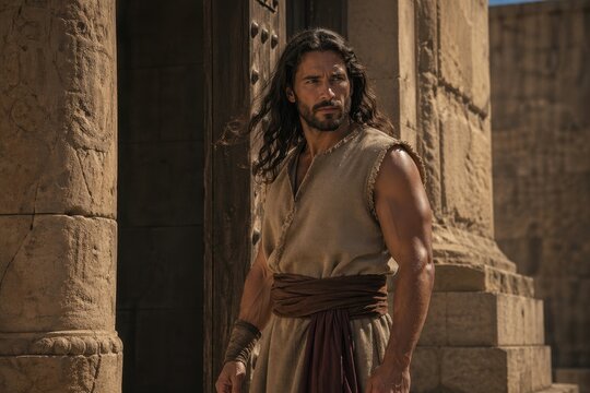 samson standing in tense readiness beside a city gate, a realistic biblical portrait of physical strength, destiny and conflict that emphasizes human power rather than heroic fantasy