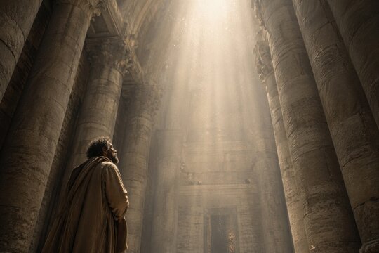 overwhelming light pouring through towering temple architecture in isaiah's vision, a symbolic biblical scene of holiness, awe and divine presence beyond ordinary human sight