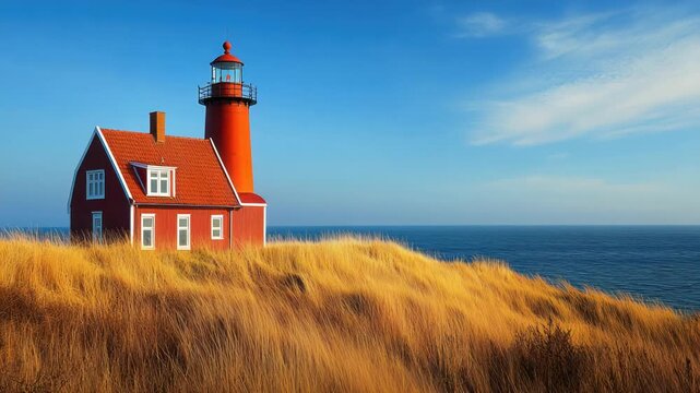 A red lighthouse and house sit atop a hill covered in tall, golden grass overlooking the ocean