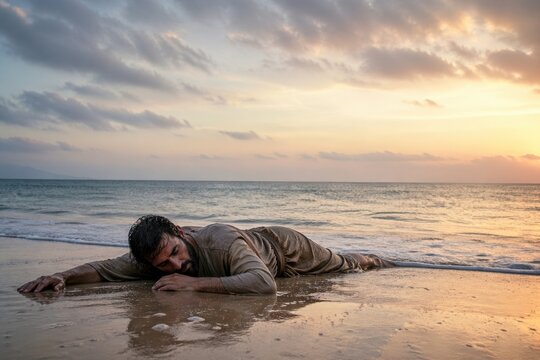 jonah lying alone on the wet shore after being cast onto land, a biblical dawn scene of survival, exhaustion and mercy with sea foam, silence and a second chance