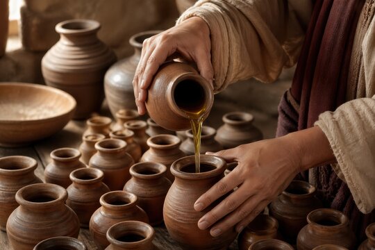 hands pouring oil into many clay jars inside a modest home, a biblical miracle scene of elisha and the widow where scarcity turns into provision through quiet faith and ordinary vessels