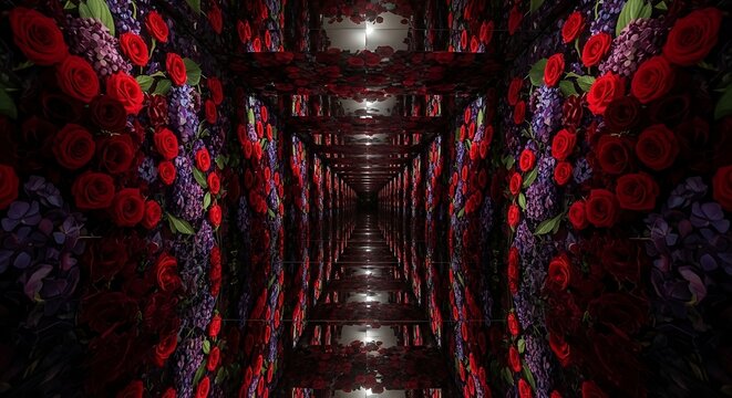 Infinite mirror tunnel of red roses and purple flowers creating immersive floral hallway