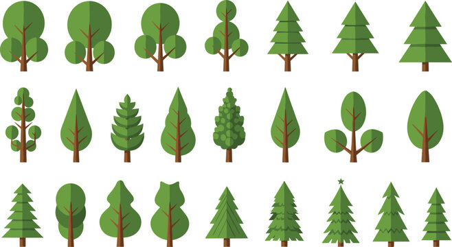 Cartoon Tree Set with Various Forest and Evergreen Trees for Nature, Park, and Landscape Vector Illustration.