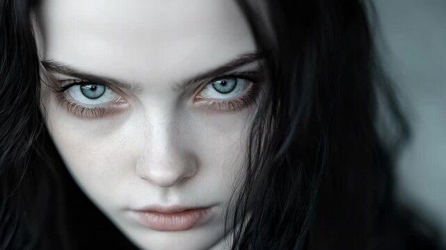A person with long dark hair and bright eyes looks straight at the camera. The camera captures different facial expressions in close-up. The setting is simple with a soft background