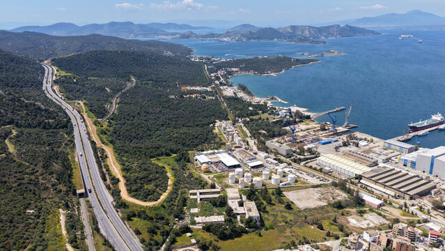 Aerial drone photo of port town and recently renovated ship yard of Skaramagas in Western area of Attica, Elefsina bay, Attica, Greece
