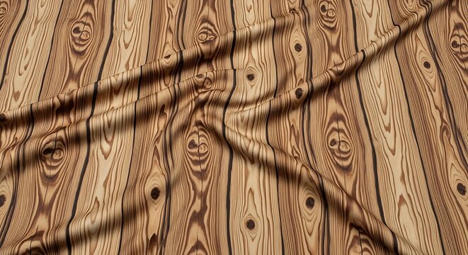 Soft flowing fabric with realistic wood grain print draped in elegant folds and wrinkles