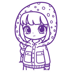 Fototapeta premium Cute cartoon girl wearing a hooded raincoat with raindrops standing isolated on a white background